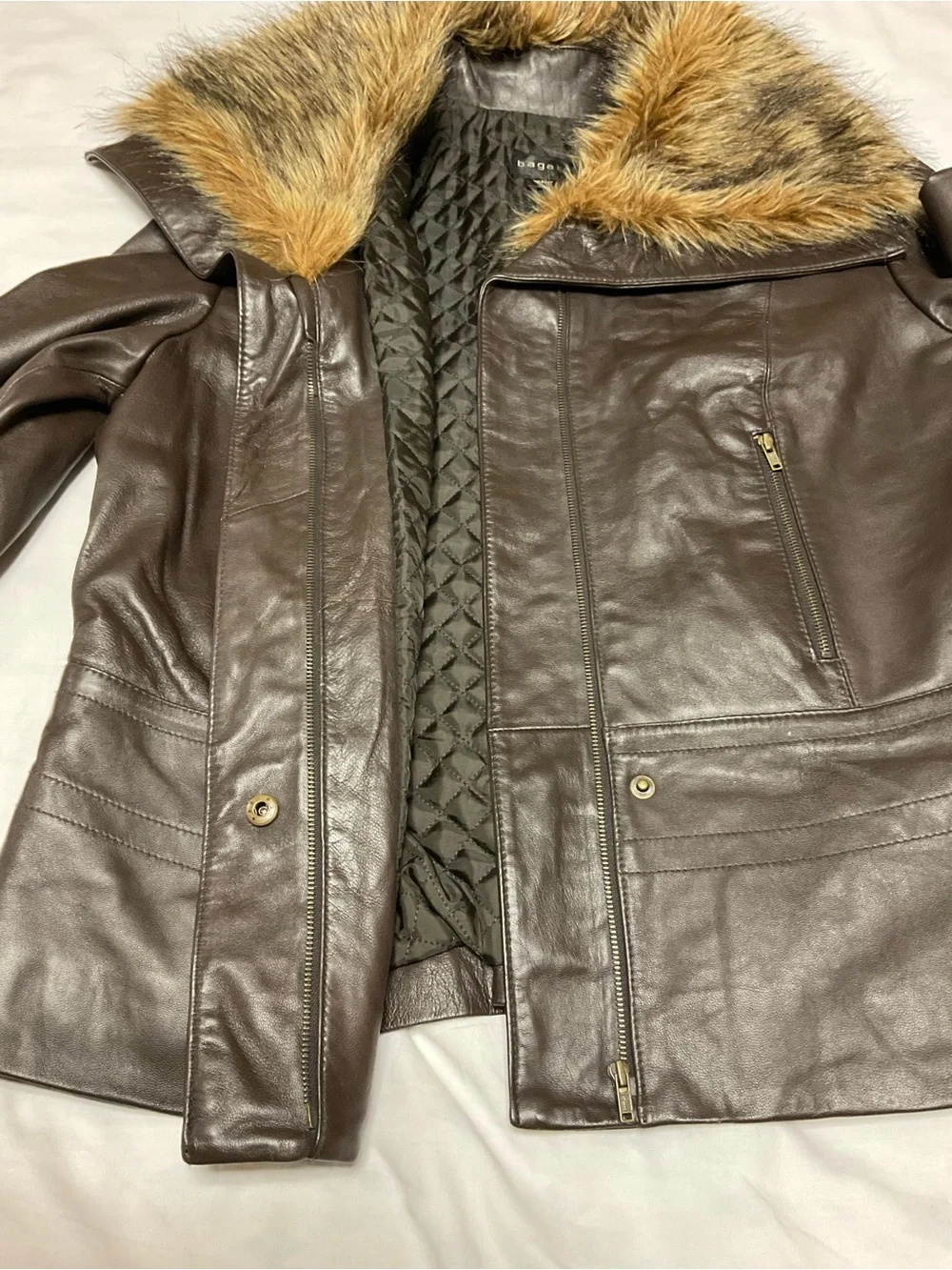 VTG Y2K Bagatelle Brown Genuine Leather Jacket Faux Fur Collar. Size 10